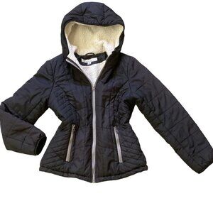 Kenneth Cole Hooded Puffer JacketFull Zip Faux Sherpa Lined Sz M Black #117Q